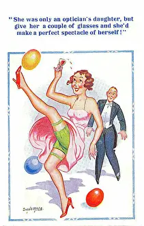 Optician Prints: Comic postcard, Woman dancing at a party Date: 20th century