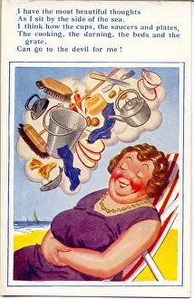 Comic postcard, Woman in deckchair at the seaside, dreaming of all the housework she Comic postcard, Woman in deckchair at the seaside, dreaming of all the housework she