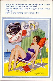 Comic postcard, Woman in deckchair at the seaside, dreaming of all the office work she