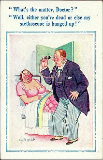Comic postcard, Woman and doctor in hospital