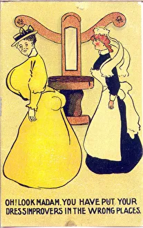 Comic postcard, Woman with dress improvers the wrong way round Comic postcard, Woman with dress improvers the wrong way round