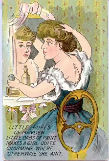 Cosmetics Collection: Comic postcard, Woman at her dressing table, improving her appearance with makeup