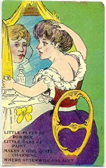 Comic postcard, Woman at her dressing table, improving her appearance with makeup
