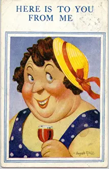 Comic postcard, Woman with a drink in her hand Date: 20th century