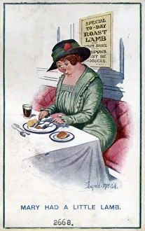 Mint Collection: Comic postcard, Woman eating rationed food, WW1 - Mary had a little lamb Date