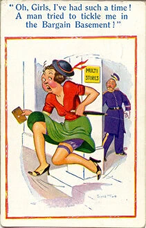 Escaping Collection: Comic postcard, Woman escaping from department store Date: 20th century