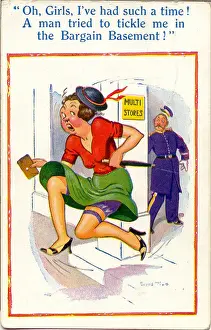 Basement Prints: Comic postcard, Woman escaping from department store Date: 20th century