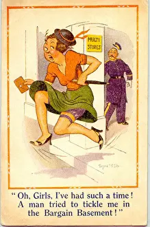 Comic postcard, Woman escaping from department store Date: 20th century
