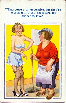 Comic postcard, Woman in expensive underwear chats to cleaning lady Date
