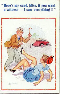 Comic postcard, Woman falls over in the street Date: 20th century