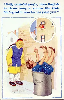 Rubbish Prints: Comic postcard, Woman falls from window into dustbin Date: 20th century