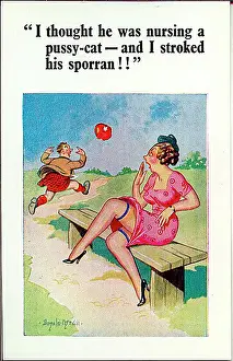 Scotsmen Prints: Comic postcard, Woman frightens Scotsman Date: 20th century