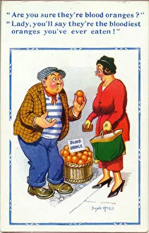 Swearing Collection: Comic postcard, Woman with fruit seller Date: 20th century