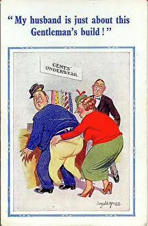 Comic postcard, Woman at gents underwear counter Date: 20th century