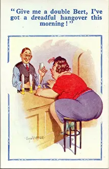 Barman Prints: Comic postcard, Woman with hangover in a pub Date: 20th century