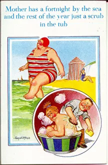 Comic postcard, Woman on holiday, then home again Comic postcard, Woman on holiday, then home again