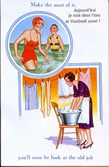 Comic postcard, Woman on holiday, then home again - Make the most of it Comic postcard, Woman on holiday, then home again - Make the most of it