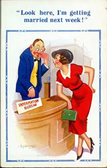 Comic postcard, Woman at Information Bureau