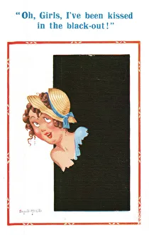 Comic postcard, woman kissed in blackout, WW2 Date: circa 1940s Comic postcard, woman kissed in blackout, WW2 Date: circa 1940s