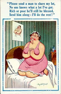 Nightie Gallery: Comic postcard, Woman kneeling in bed, praying for a man Date: 20th century