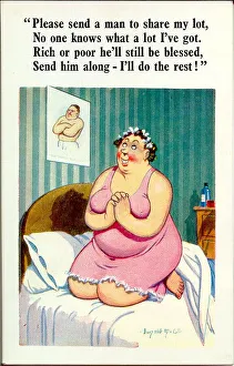Comic postcard, Woman kneeling in bed, praying for a man Date: 20th century