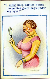 Comic postcard, Woman looking in the mirror Date: 20th century Comic postcard, Woman looking in the mirror Date: 20th century