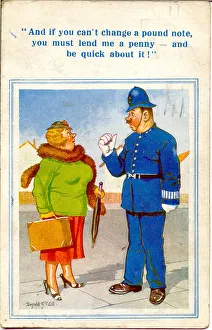 Policemen Prints: Comic postcard, Woman looking for nearest toilet