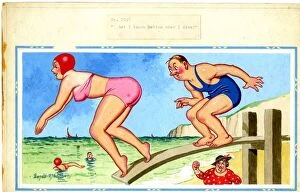 Comic postcard, Woman and man diving into the sea, with the mans annoyed wife standing