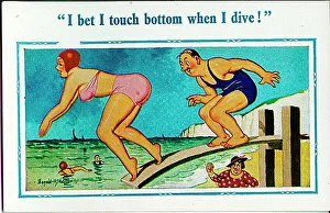 Fist Prints: Comic postcard, Woman and man diving into the sea