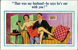 Comic postcard, woman on man's lap Date: 20th century