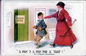 Languages Prints: Comic postcard, woman marches man to recruiting office. Date: 1914-1918