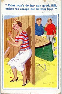 Shocked Prints: Comic postcard, Woman, men and boat at the seaside Date: 20th century