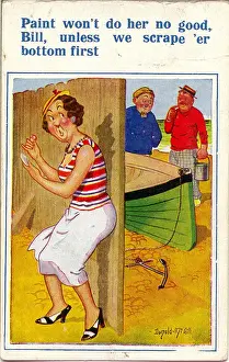 Comic postcard, Woman, men and boat at the seaside Date: 20th century