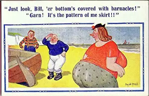 Boatman Prints: Comic postcard, Woman, men and boat at the seaside Date: 20th century