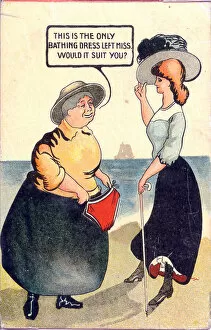 Holidays Gallery: Comic postcard, Woman offers bathing dress Date: early 20th century