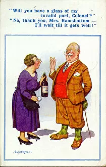 Comic postcard, Woman offers man a drink Date: 20th century