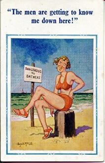 Sandals Collection: Comic postcard, Woman in orange bikini at the seaside
