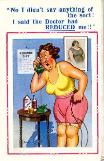 Loss Gallery: Comic postcard, Woman on the phone - reducing diet Date: 20th century