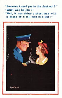 Images Dated 16th March 2021: Comic postcard, woman and policeman in blackout, WW2 - how to identify the man who kissed