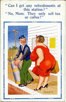 Refreshments Collection: Comic postcard, Woman and porter on station platform