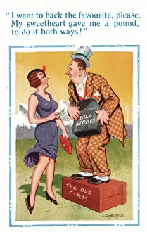 Images Dated 24th March 2021: Comic postcard, woman at the races with bookie, placing a bet both ways Date