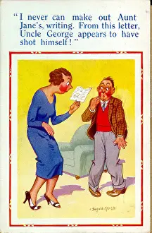 Aunt Prints: Comic postcard, Woman reading aunts letter Date: 20th century