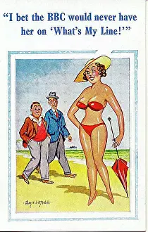 Comic postcard, Woman in red bikini on the beach Date: 20th century