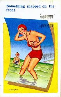 Strap Prints: Comic postcard, Woman in red bikini at the seaside