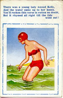 Comic postcard, Woman in red bikini at the seaside
