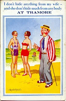 Comic postcard, Woman in red bikini at the seaside, chatting to a man on the beach while