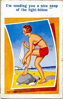 Bikini Prints: Comic postcard, Woman in red bikini at the seaside Date: 20th century