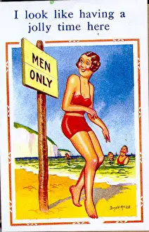 Notice Prints: Comic postcard, Woman in red bikini at the seaside - Men Only Date: 20th century