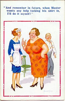 Obese Gallery: Comic postcard, Woman reprimands servant Date: 20th century