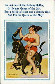 Images Dated 24th May 2021: Comic postcard, Woman riding donkey on beach with bottle of stout Date: 20th century